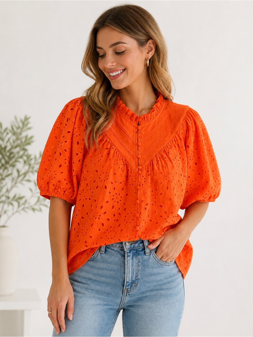 Pretty Garden Orange Eyelet Blouse Women’s Medium Puff Sleeve Cotton NWT